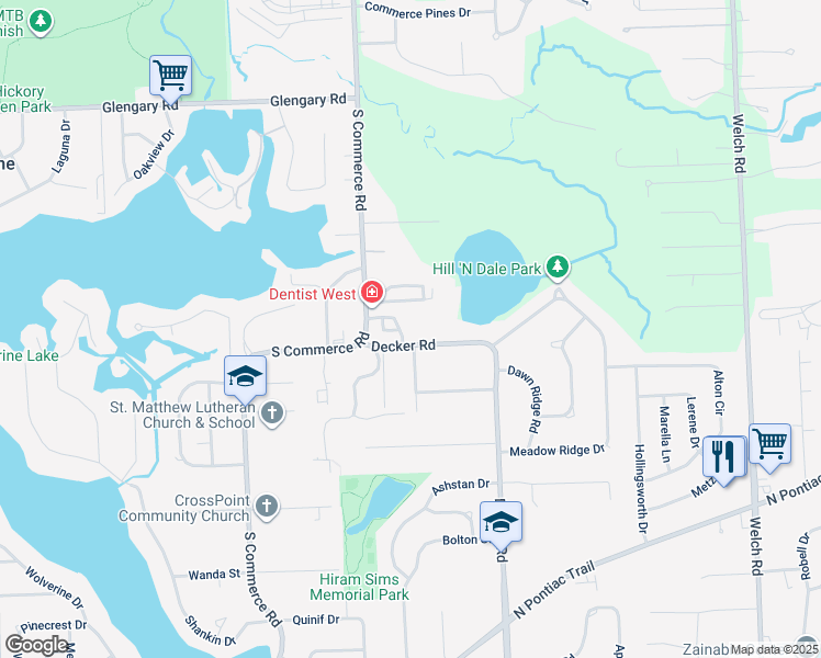 map of restaurants, bars, coffee shops, grocery stores, and more near 1484 Oakshade Street in Walled Lake