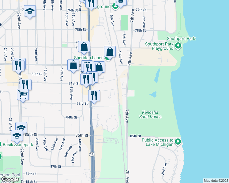 map of restaurants, bars, coffee shops, grocery stores, and more near 1002 82nd Street in Kenosha