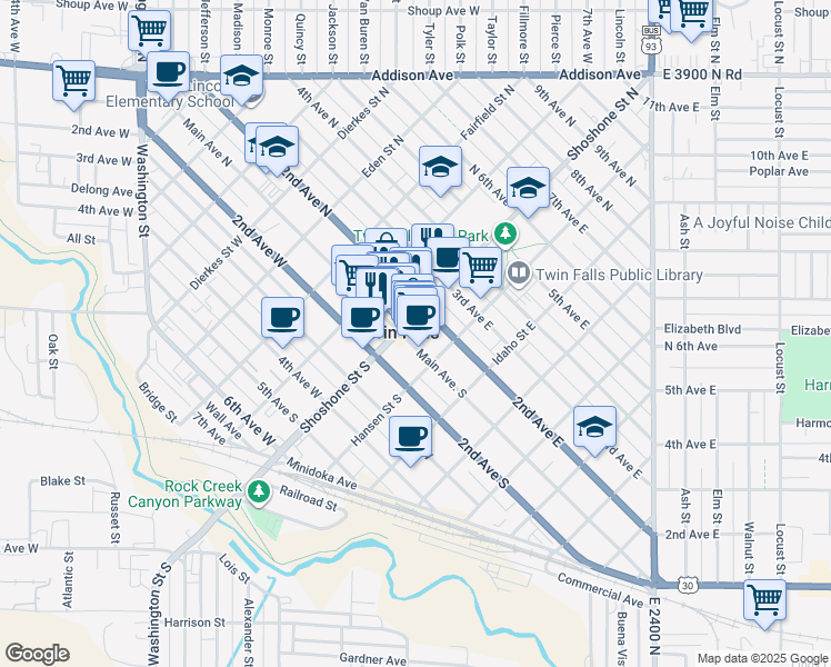 map of restaurants, bars, coffee shops, grocery stores, and more near in Twin Falls