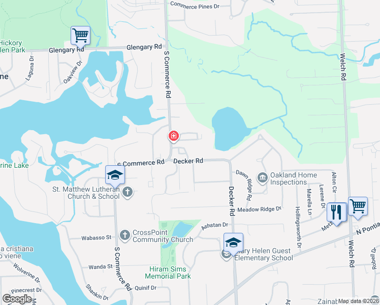 map of restaurants, bars, coffee shops, grocery stores, and more near 1484 Oakshade Street in Walled Lake