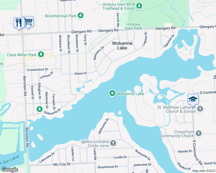 map of restaurants, bars, coffee shops, grocery stores, and more near 823 Laguna Drive in Commerce Charter Township