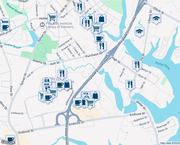 map of restaurants, bars, coffee shops, grocery stores, and more near 15 Pleasant Avenue in Danvers