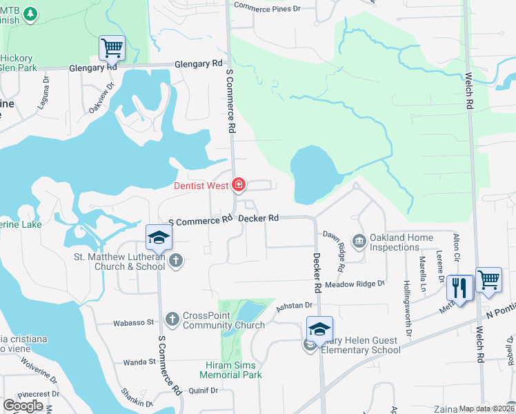map of restaurants, bars, coffee shops, grocery stores, and more near 1493 Silverbrook Ridge Drive in Walled Lake