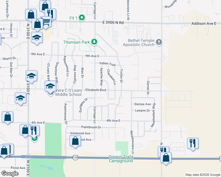 map of restaurants, bars, coffee shops, grocery stores, and more near 642 Navajo Loop in Twin Falls