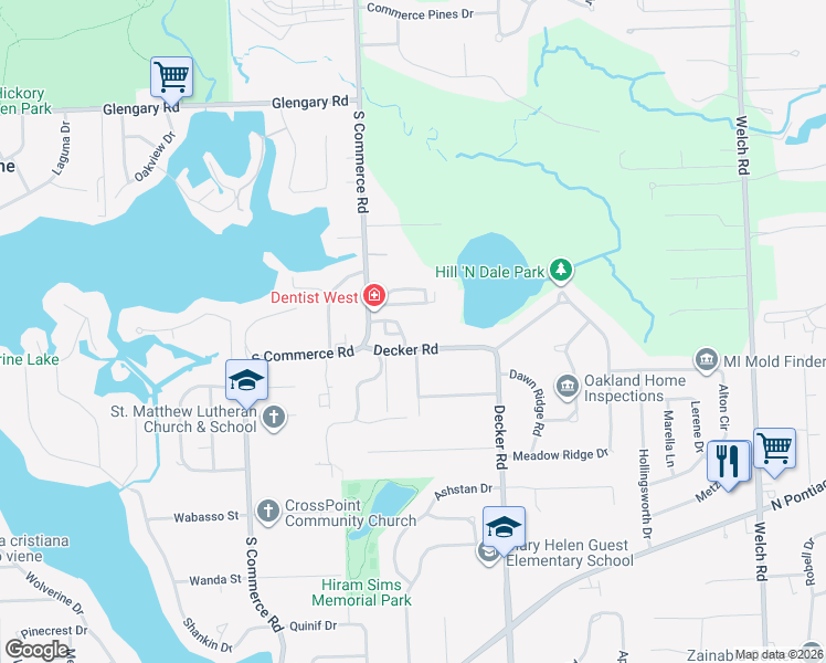 map of restaurants, bars, coffee shops, grocery stores, and more near 1428 Crimson Way in Walled Lake