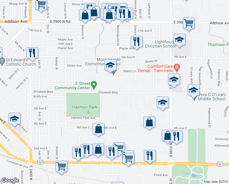 map of restaurants, bars, coffee shops, grocery stores, and more near 1855 Elizabeth Boulevard in Twin Falls