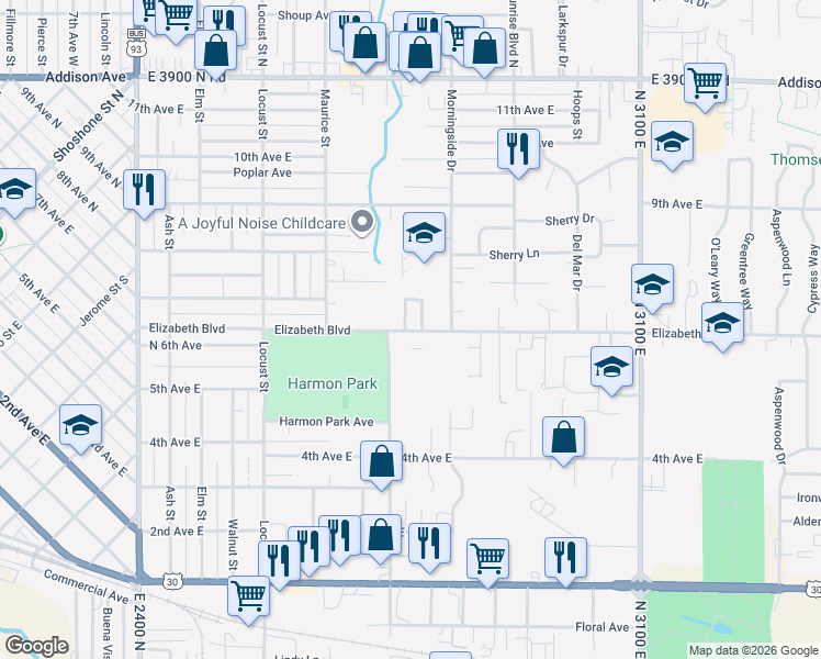 map of restaurants, bars, coffee shops, grocery stores, and more near 637 King Circle Drive in Twin Falls