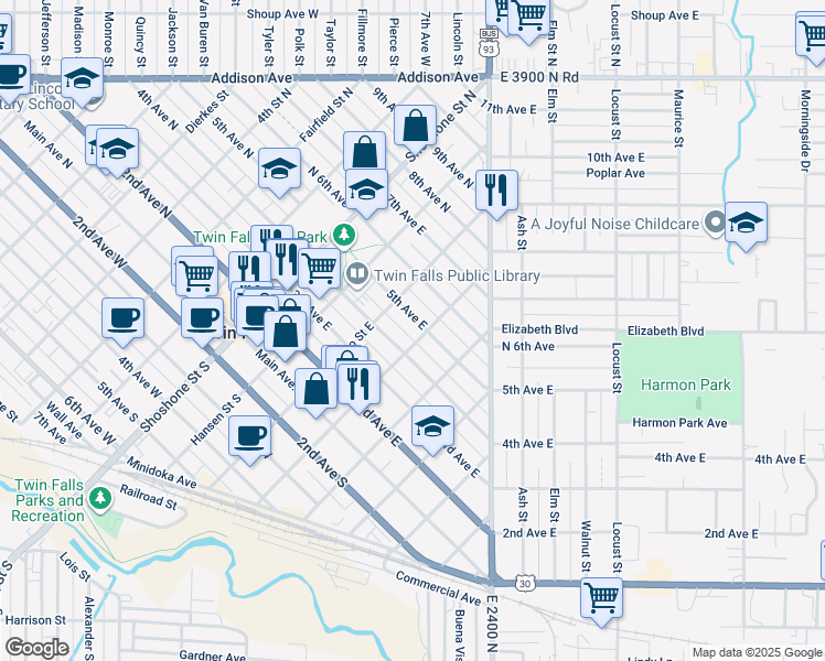 map of restaurants, bars, coffee shops, grocery stores, and more near 321 5th Avenue East in Twin Falls