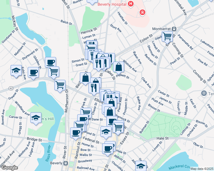 map of restaurants, bars, coffee shops, grocery stores, and more near 12 Lenox Street in Beverly