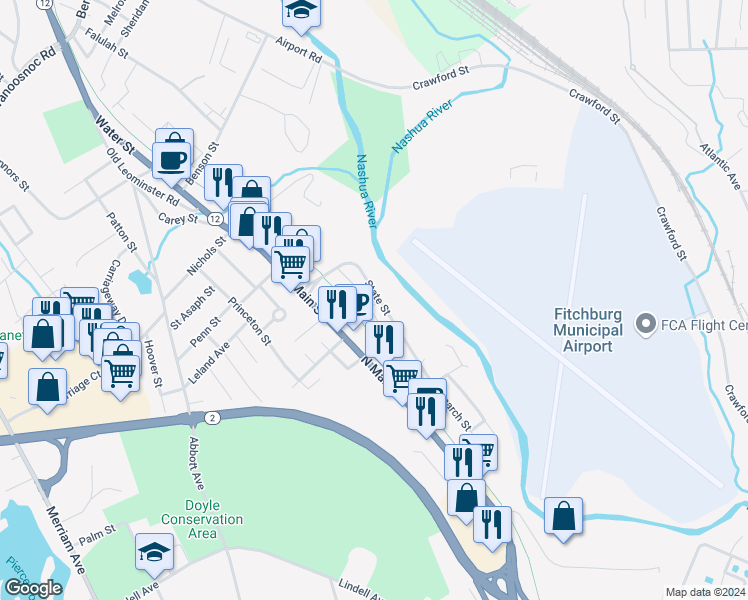 map of restaurants, bars, coffee shops, grocery stores, and more near 29 State Street in Leominster