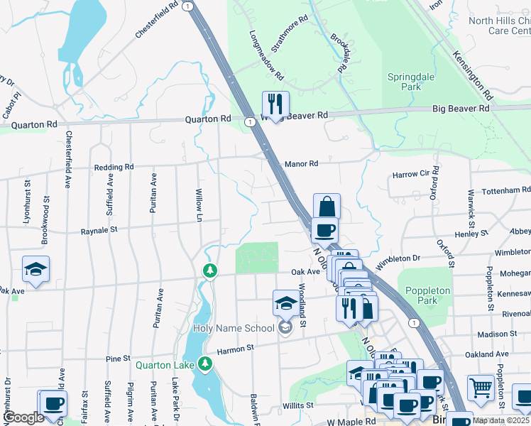 map of restaurants, bars, coffee shops, grocery stores, and more near 1115 North Old Woodward Avenue in Birmingham