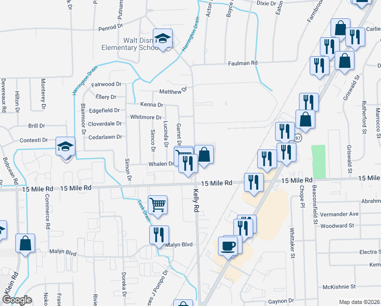 map of restaurants, bars, coffee shops, grocery stores, and more near 35295 Kelly Road in Clinton Township