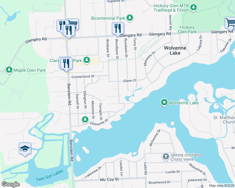 map of restaurants, bars, coffee shops, grocery stores, and more near 1230 Woodlawn Court in Commerce Charter Township