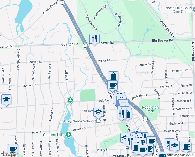 map of restaurants, bars, coffee shops, grocery stores, and more near 1111 North Old Woodward Avenue in Birmingham