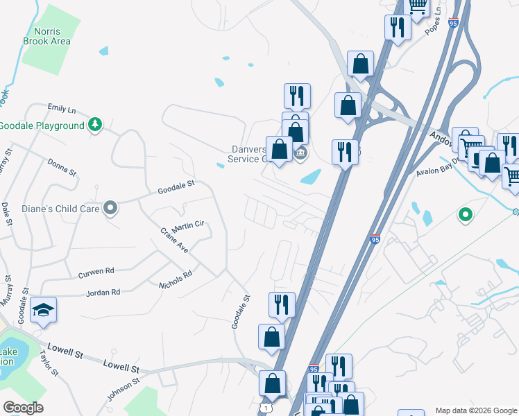 map of restaurants, bars, coffee shops, grocery stores, and more near 286 Newbury Street in Peabody