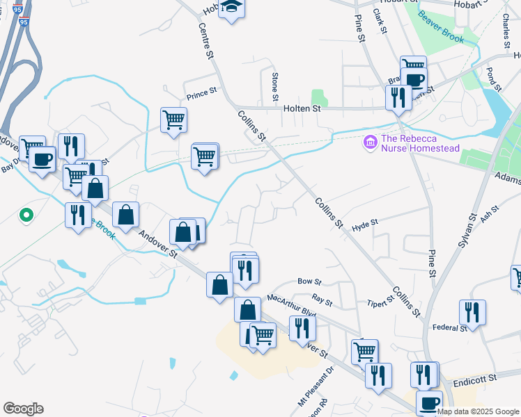 map of restaurants, bars, coffee shops, grocery stores, and more near 134 Village Post Road in Danvers