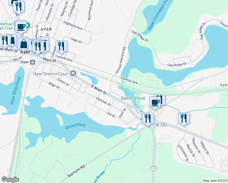 map of restaurants, bars, coffee shops, grocery stores, and more near 6 Page Street in Ayer