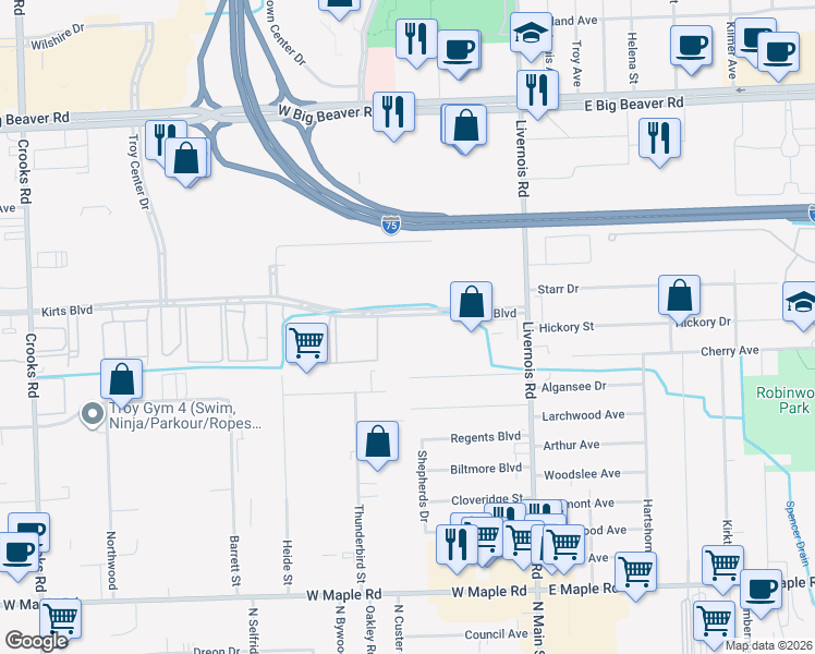 map of restaurants, bars, coffee shops, grocery stores, and more near 295 Kirts Boulevard in Troy