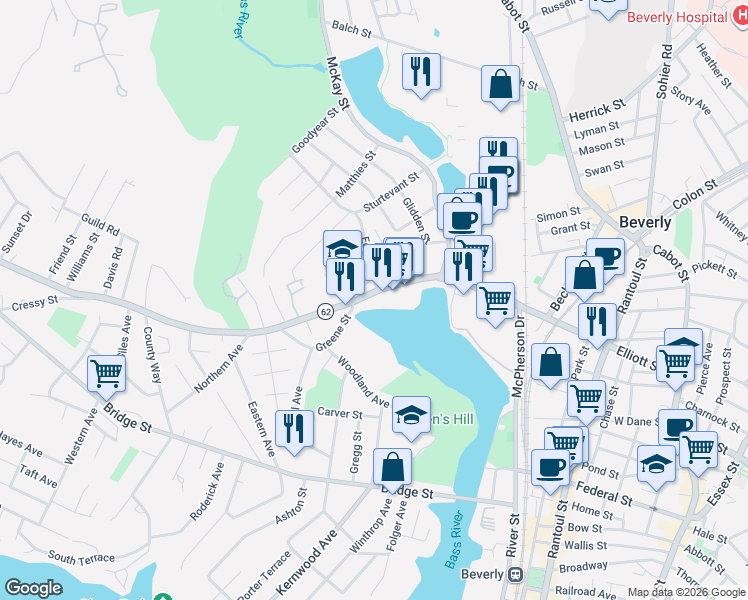 map of restaurants, bars, coffee shops, grocery stores, and more near 275 Elliott Street in Beverly