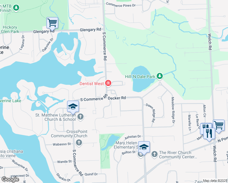 map of restaurants, bars, coffee shops, grocery stores, and more near 1464 Silverbrook Ridge Drive in Walled Lake