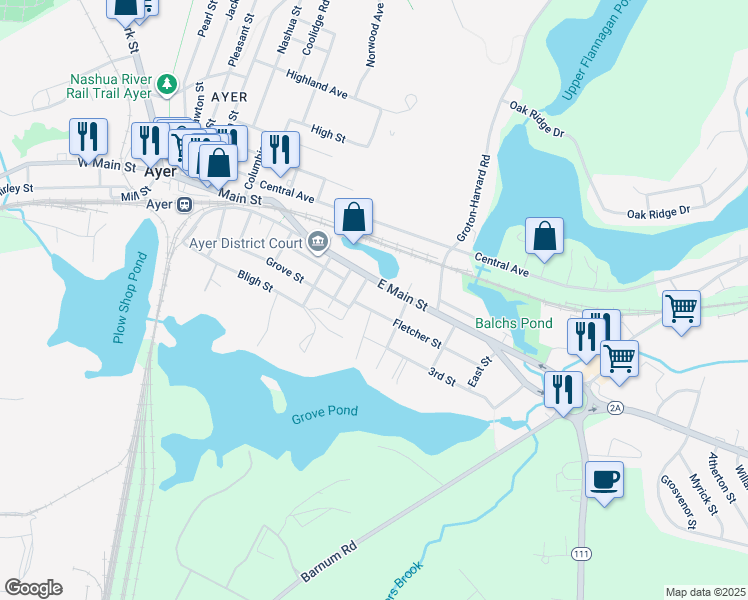 map of restaurants, bars, coffee shops, grocery stores, and more near 2 Pond Street in Ayer