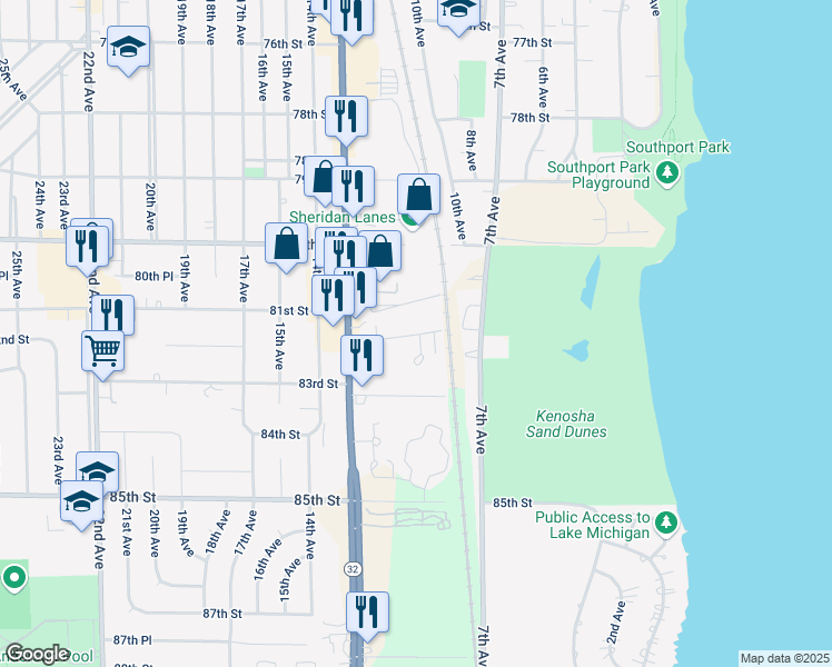 map of restaurants, bars, coffee shops, grocery stores, and more near 1002 82nd Street in Kenosha