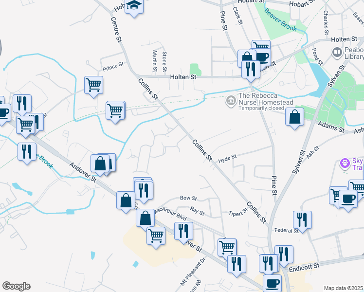 map of restaurants, bars, coffee shops, grocery stores, and more near 2 Carriage Way in Danvers