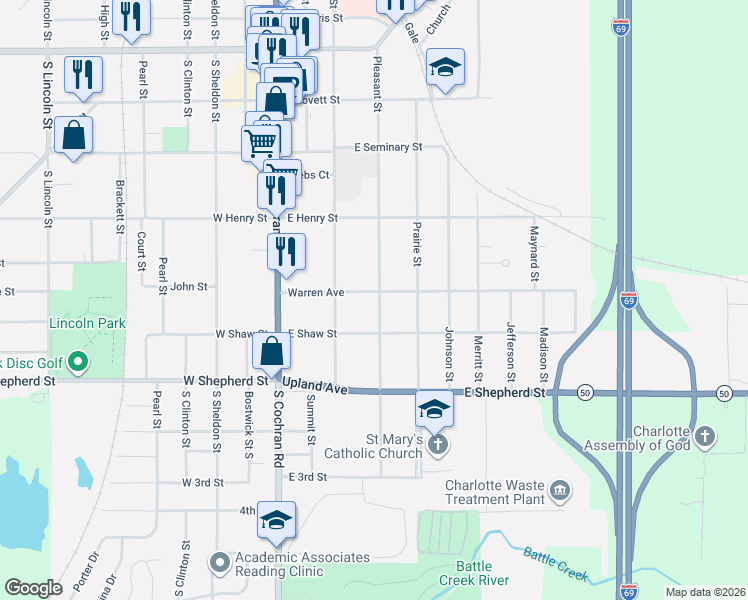 map of restaurants, bars, coffee shops, grocery stores, and more near 510 Pleasant Street in Charlotte