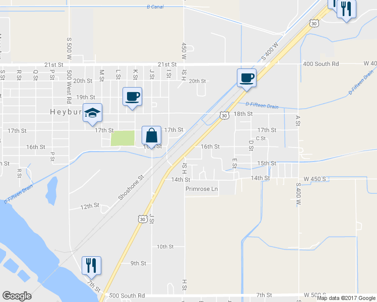 map of restaurants, bars, coffee shops, grocery stores, and more near U.S. 30 in Heyburn