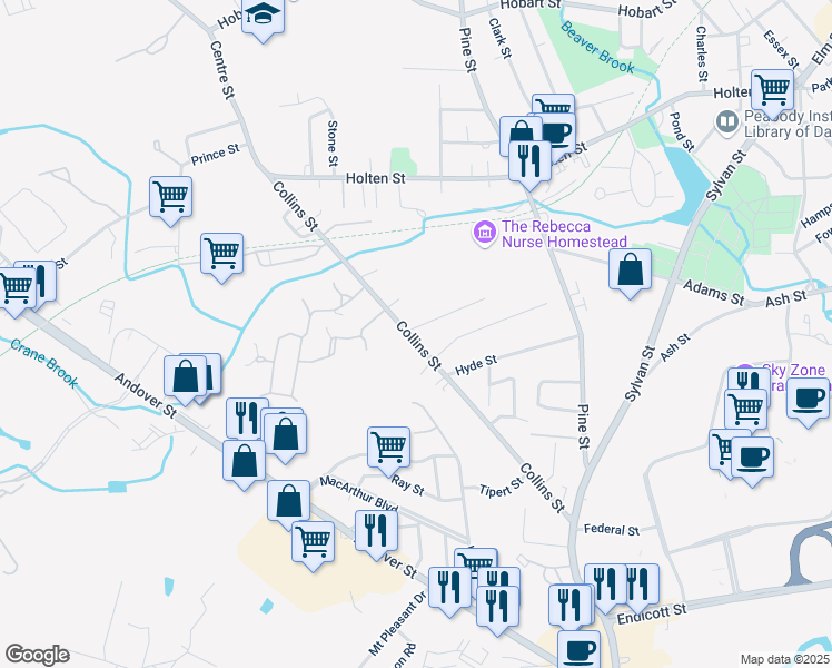 map of restaurants, bars, coffee shops, grocery stores, and more near 70 Collins Street in Danvers