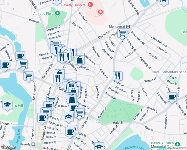 map of restaurants, bars, coffee shops, grocery stores, and more near 32 Pickett Street in Beverly