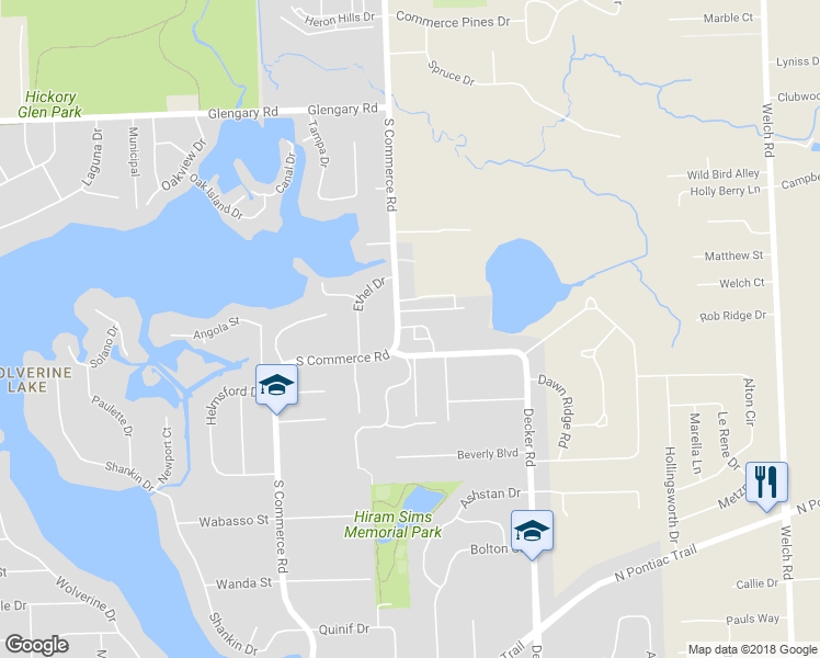 map of restaurants, bars, coffee shops, grocery stores, and more near 2390 South Commerce Road in Walled Lake