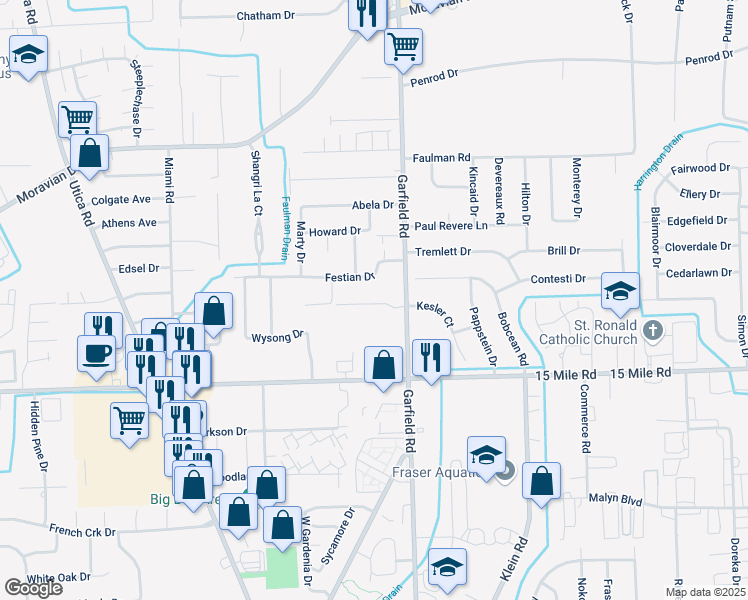 map of restaurants, bars, coffee shops, grocery stores, and more near 16695 Washington Square in Clinton Township