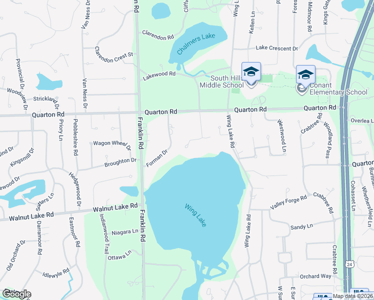map of restaurants, bars, coffee shops, grocery stores, and more near 4395 Oak Grove Drive in Bloomfield Hills