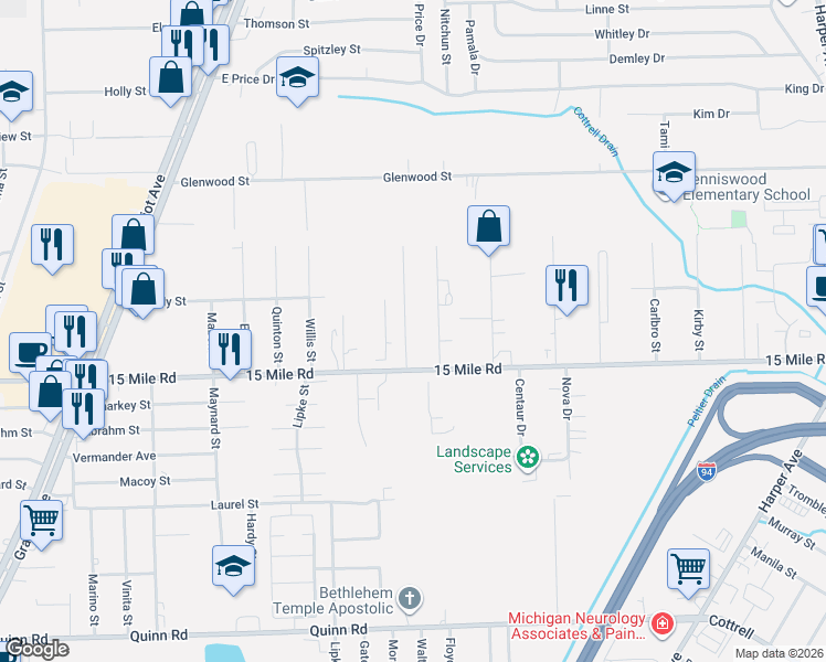 map of restaurants, bars, coffee shops, grocery stores, and more near 35080 Hengesbach Drive in Clinton Township