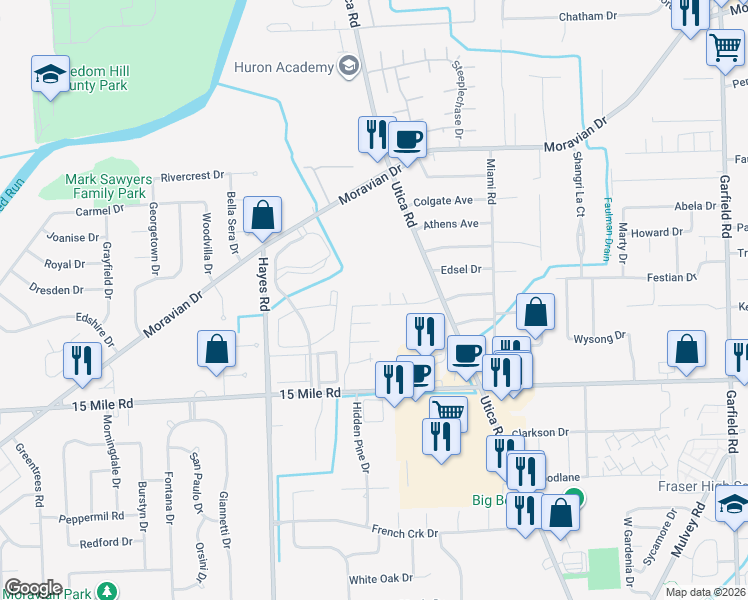 map of restaurants, bars, coffee shops, grocery stores, and more near 35515 Utica Road in Clinton Township