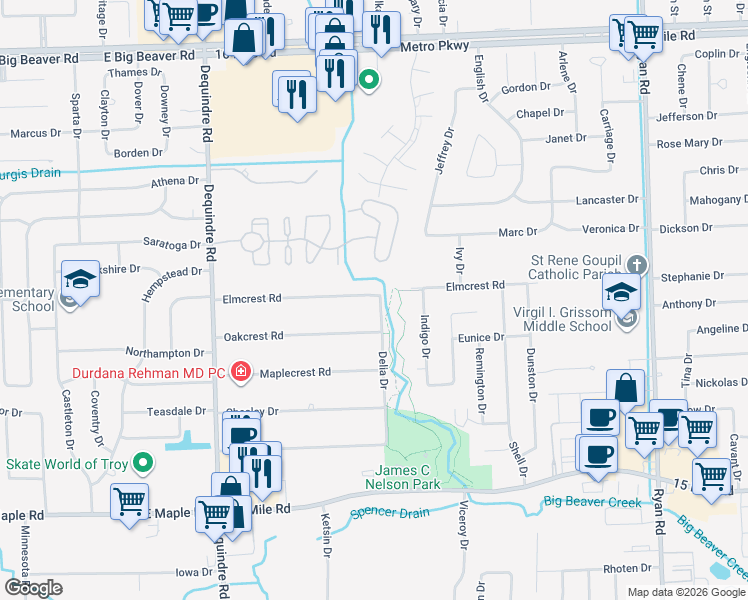 map of restaurants, bars, coffee shops, grocery stores, and more near 2595 Elmcrest Road in Sterling Heights