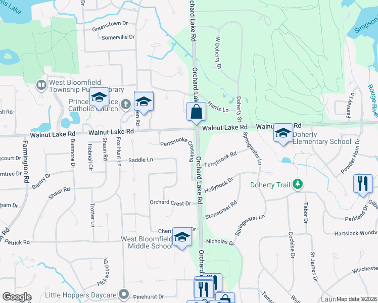 map of restaurants, bars, coffee shops, grocery stores, and more near 5614 Pembrooke Crossing in West Bloomfield Township