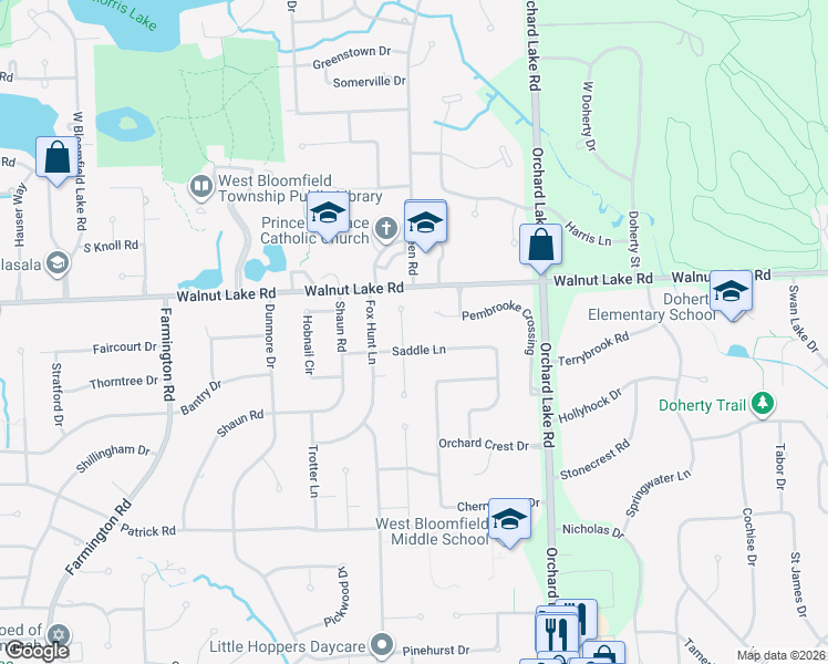 map of restaurants, bars, coffee shops, grocery stores, and more near 5550 Old Carriage Lane in West Bloomfield Township
