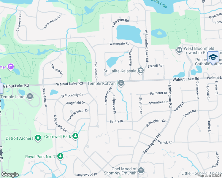 map of restaurants, bars, coffee shops, grocery stores, and more near 5540 Perrytown Drive in West Bloomfield Township