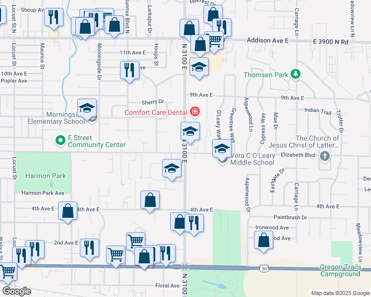 map of restaurants, bars, coffee shops, grocery stores, and more near 616 Eastland Drive in Twin Falls