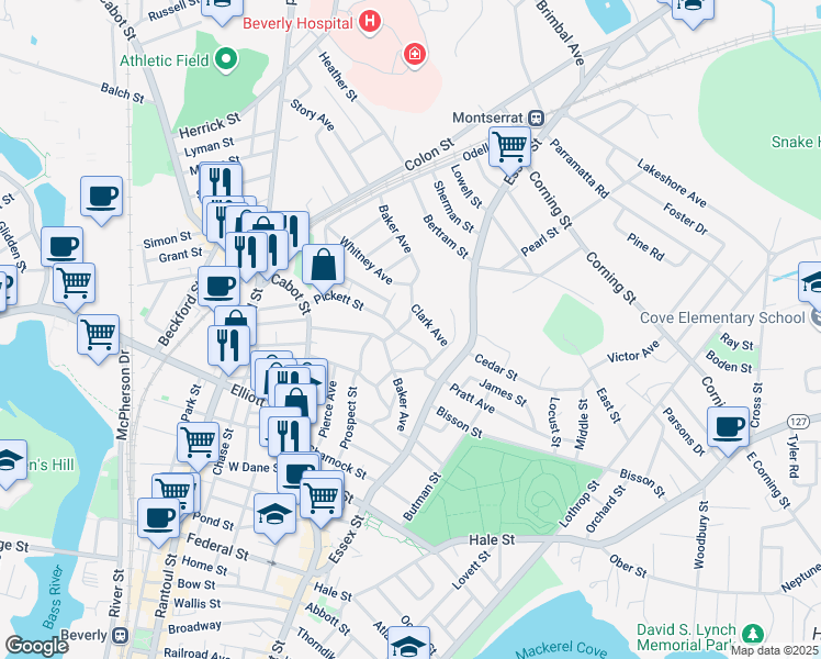 map of restaurants, bars, coffee shops, grocery stores, and more near 32 Pickett Street in Beverly