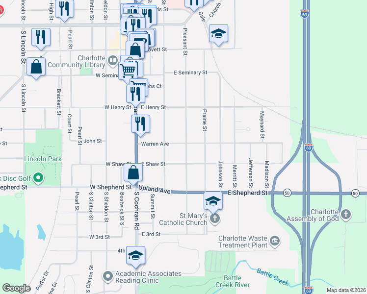 map of restaurants, bars, coffee shops, grocery stores, and more near 405 Warren Avenue in Charlotte