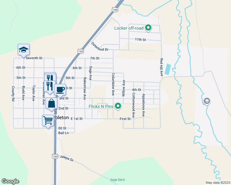 map of restaurants, bars, coffee shops, grocery stores, and more near Columbine Ave in Marbleton