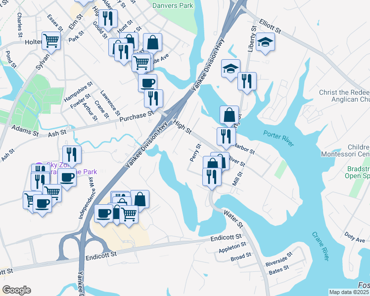 map of restaurants, bars, coffee shops, grocery stores, and more near 10 Merrill Street in Danvers