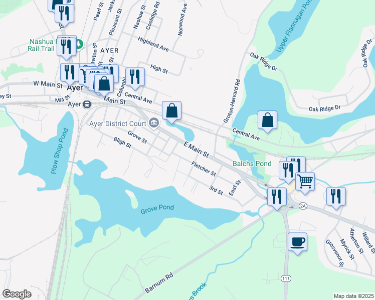 map of restaurants, bars, coffee shops, grocery stores, and more near 57 East Main Street in Ayer