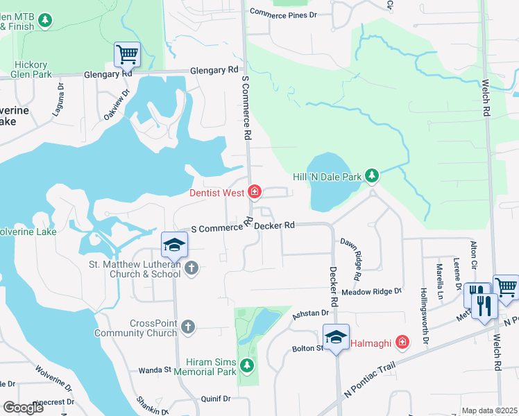 map of restaurants, bars, coffee shops, grocery stores, and more near 2390 South Commerce Road in Walled Lake