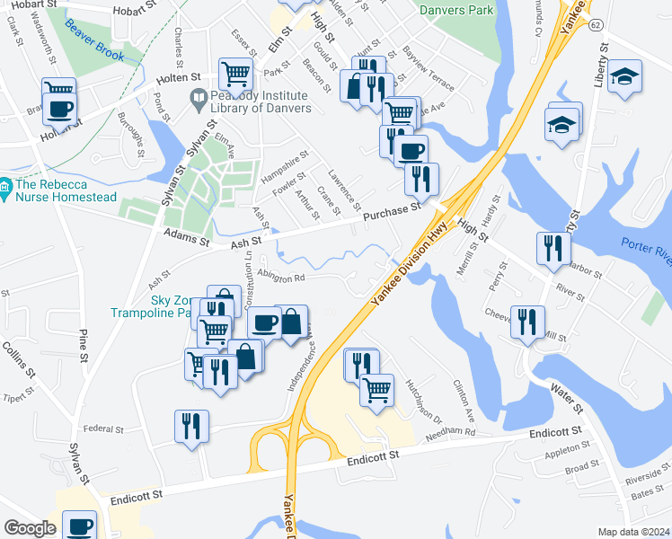 map of restaurants, bars, coffee shops, grocery stores, and more near 68 Abington Road in Danvers