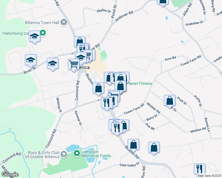 map of restaurants, bars, coffee shops, grocery stores, and more near 484 Boston Road in Billerica