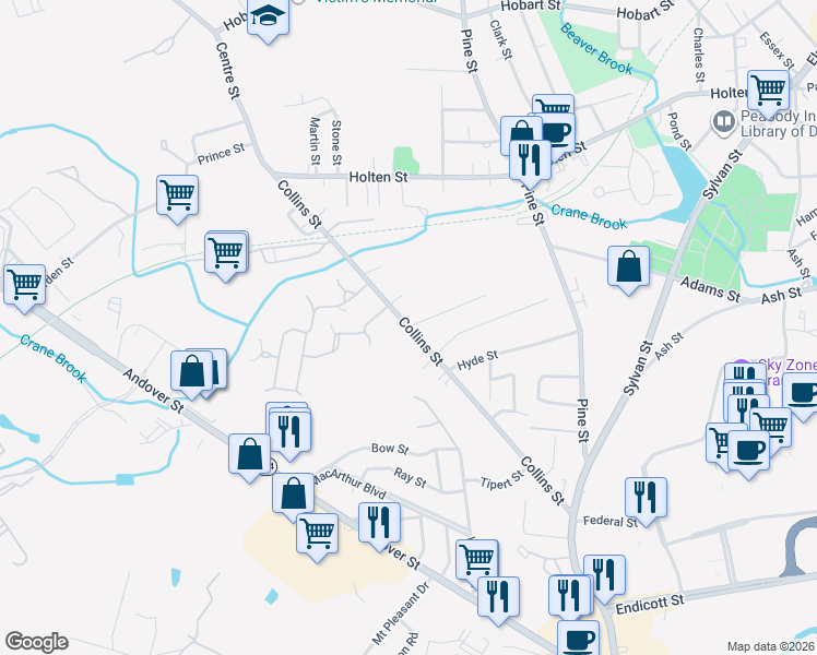 map of restaurants, bars, coffee shops, grocery stores, and more near 70 Collins Street in Danvers